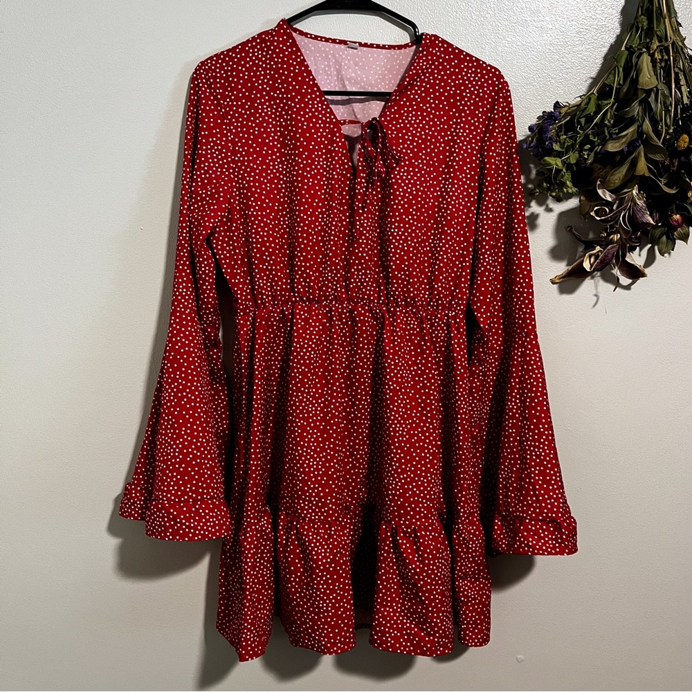 Red & White Dot Bell Sleeve Dress